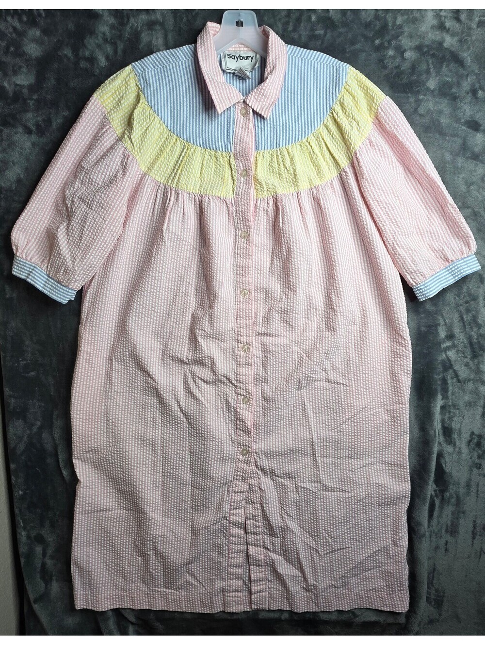VTG Saybury Pastel Seersucker Retro Lounge Granny House Robe Sz Medium